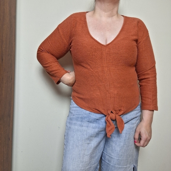 Madewell Texture & Thread Orange Long Sleeve Tie Front Top Size Small - Picture 1 of 10